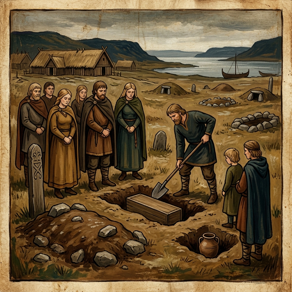 Représentation historique d'une sépulture viking simple, dans une fosse creusée dans le sol ou une chambre funéraire en pierre, sans drakkar