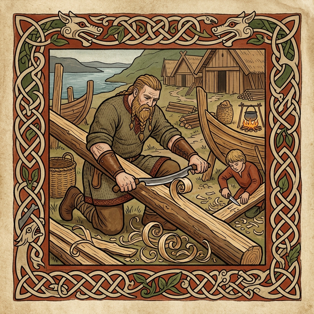Un Viking enlève l'écorce du bois à l'aide d'un couteau à sculpter pour fabriquer un bâton runique