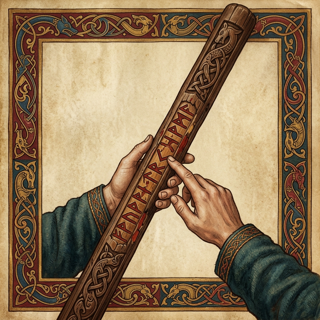 Bâton runique viking en bois, comportant des inscriptions runiques gravées et mises en valeur par des couleurs