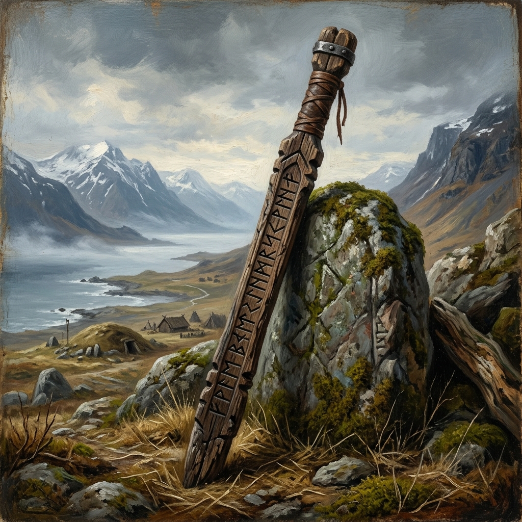 Bâton runique viking en bois, gravé de runes de l'alphabet nordique