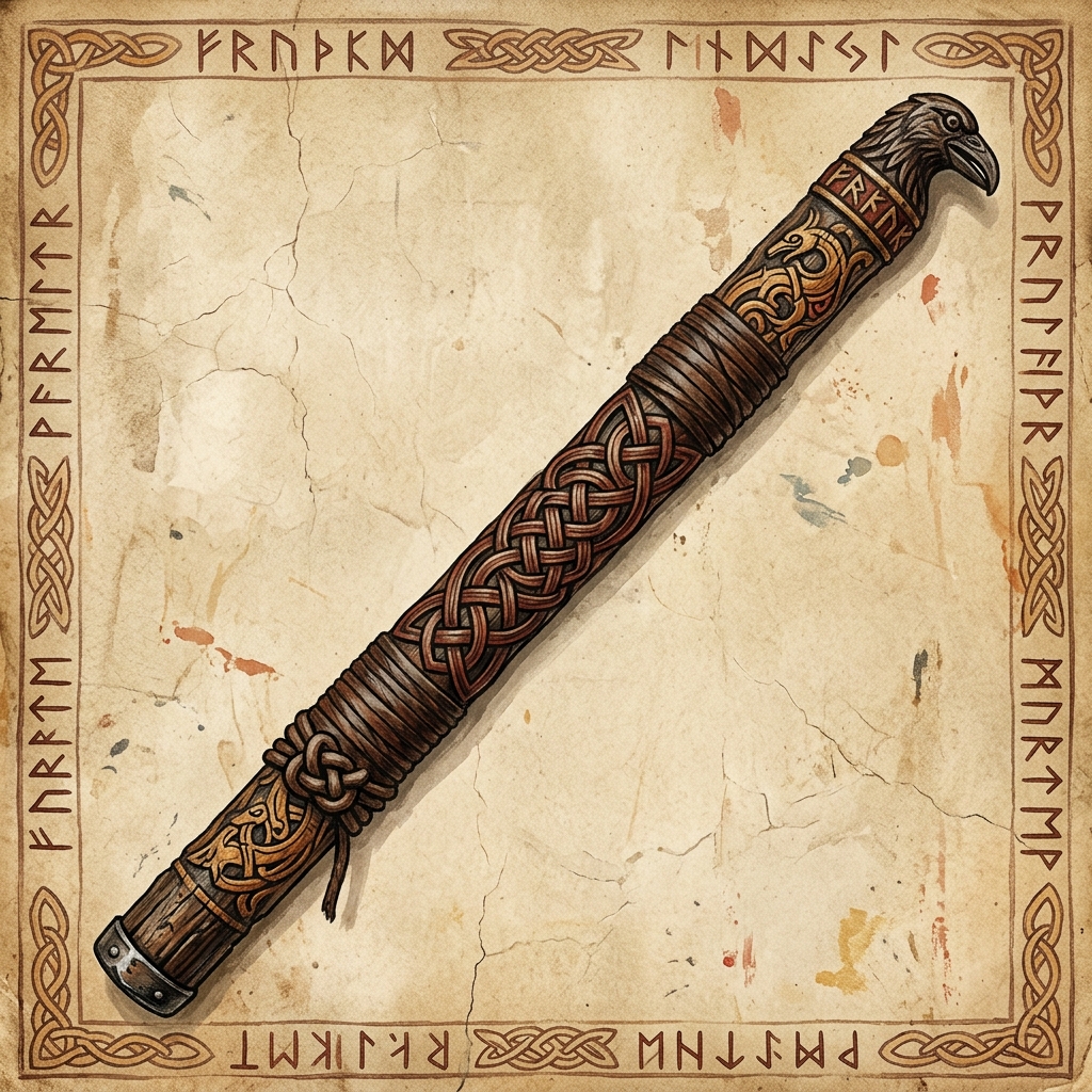 Bâton runique viking entouré d'un cordon en cuir et muni d'un nœud traditionnel en guise de poignée