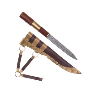 Couteau viking en acier damass&eacute; avec manche en...