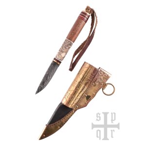 Couteau viking, acier damassé, manche bois/os avec motif de corbeau
