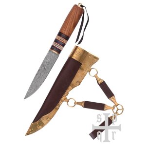 Couteau viking en acier damassé, manche en bois avec garniture en os