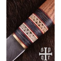 Couteau viking en acier damassé, manche en bois avec garniture en os