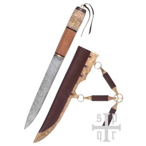 couteau viking, acier damassé, manche bois/os avec motif de nœuds