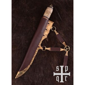 couteau viking, acier damassé, manche bois/os avec motif de nœuds
