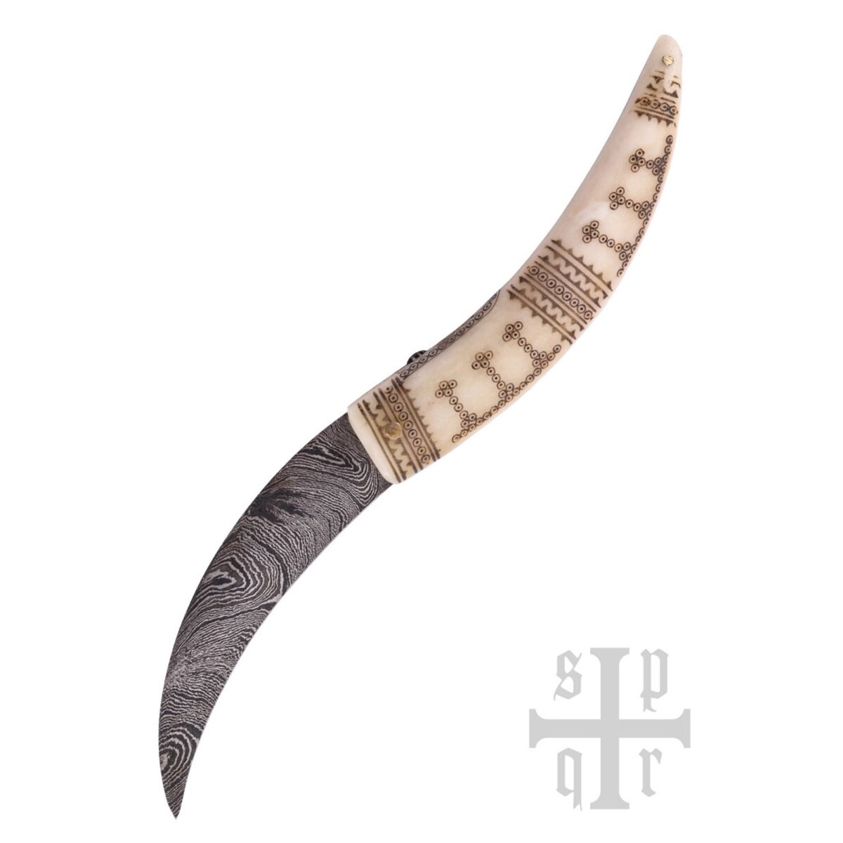 Viking Folding Knife with Damascus Steel Blade, Bone Handle