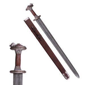 Épée Vendelzeit avec fourreau, manche en laiton, étamé, acier damassé