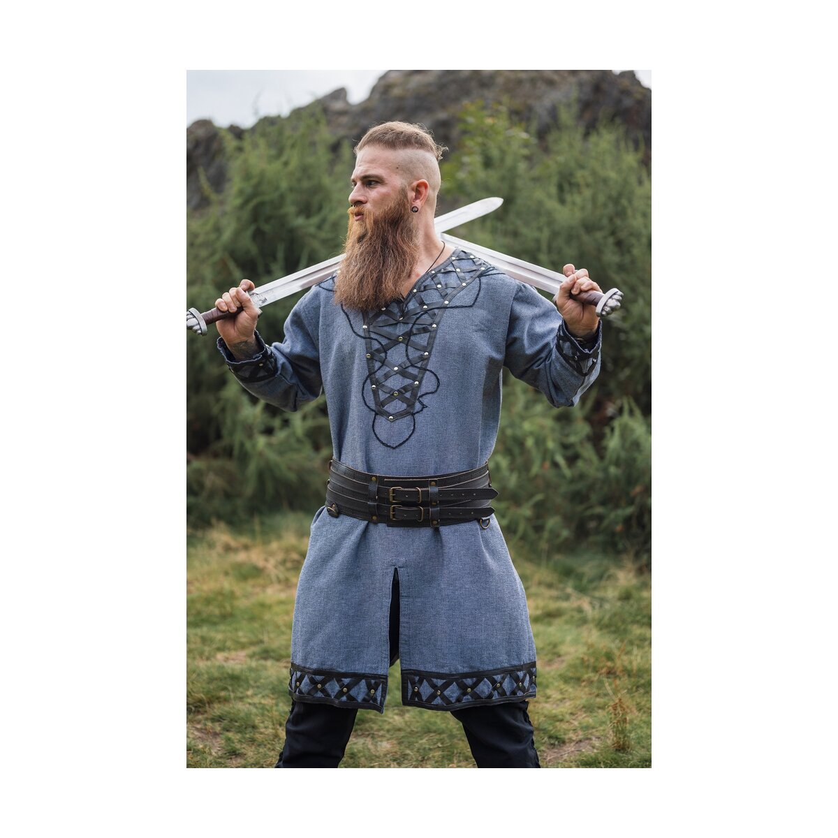 Viking tunic with genuine leather applications - blue