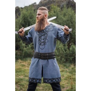 Tunique viking avec applications en cuir véritable - Bleu