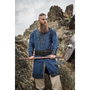 Viking tunic with genuine leather applications - dark blue