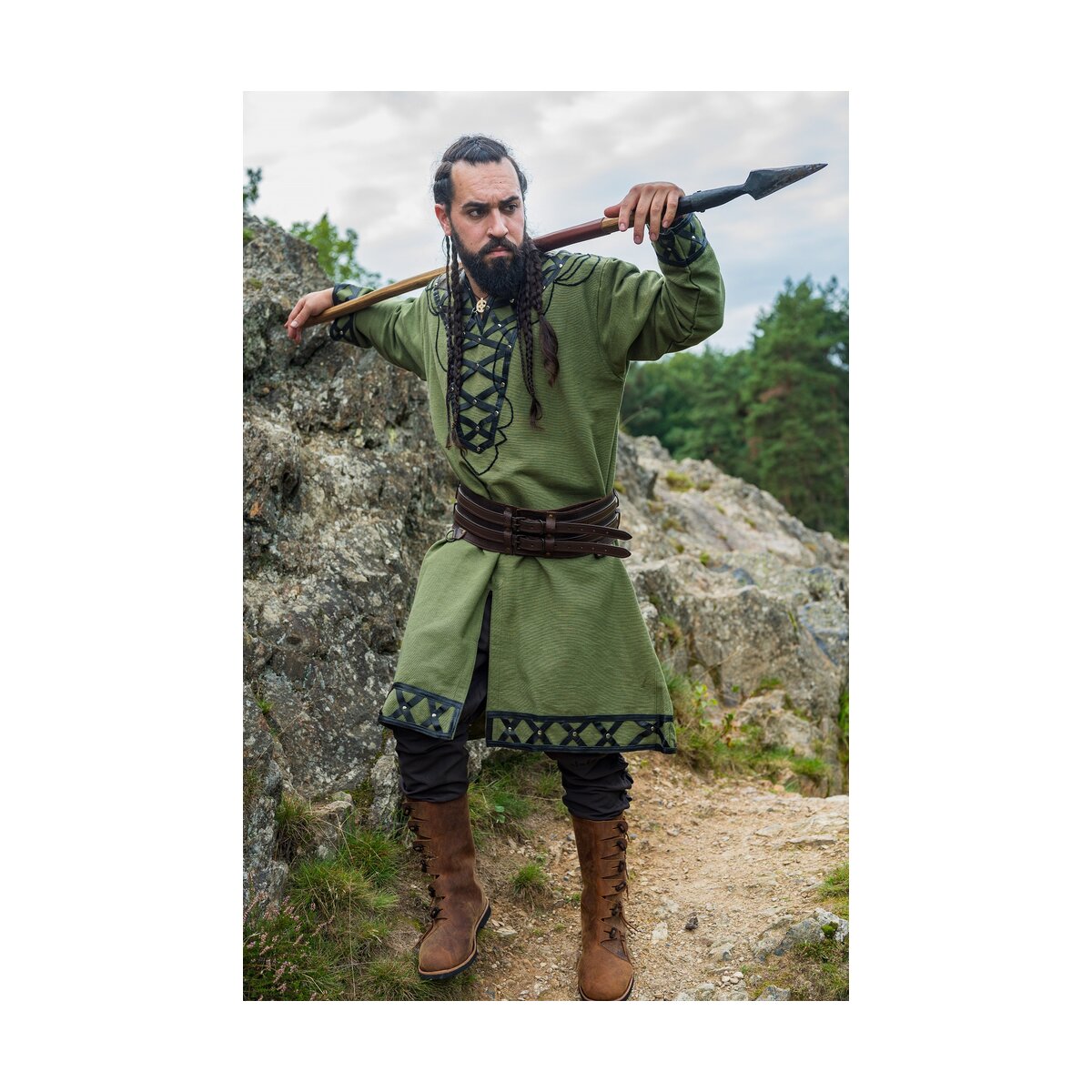 Viking tunic with genuine leather applications - green