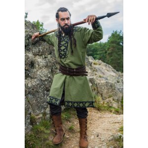 Viking tunic with genuine leather applications - green