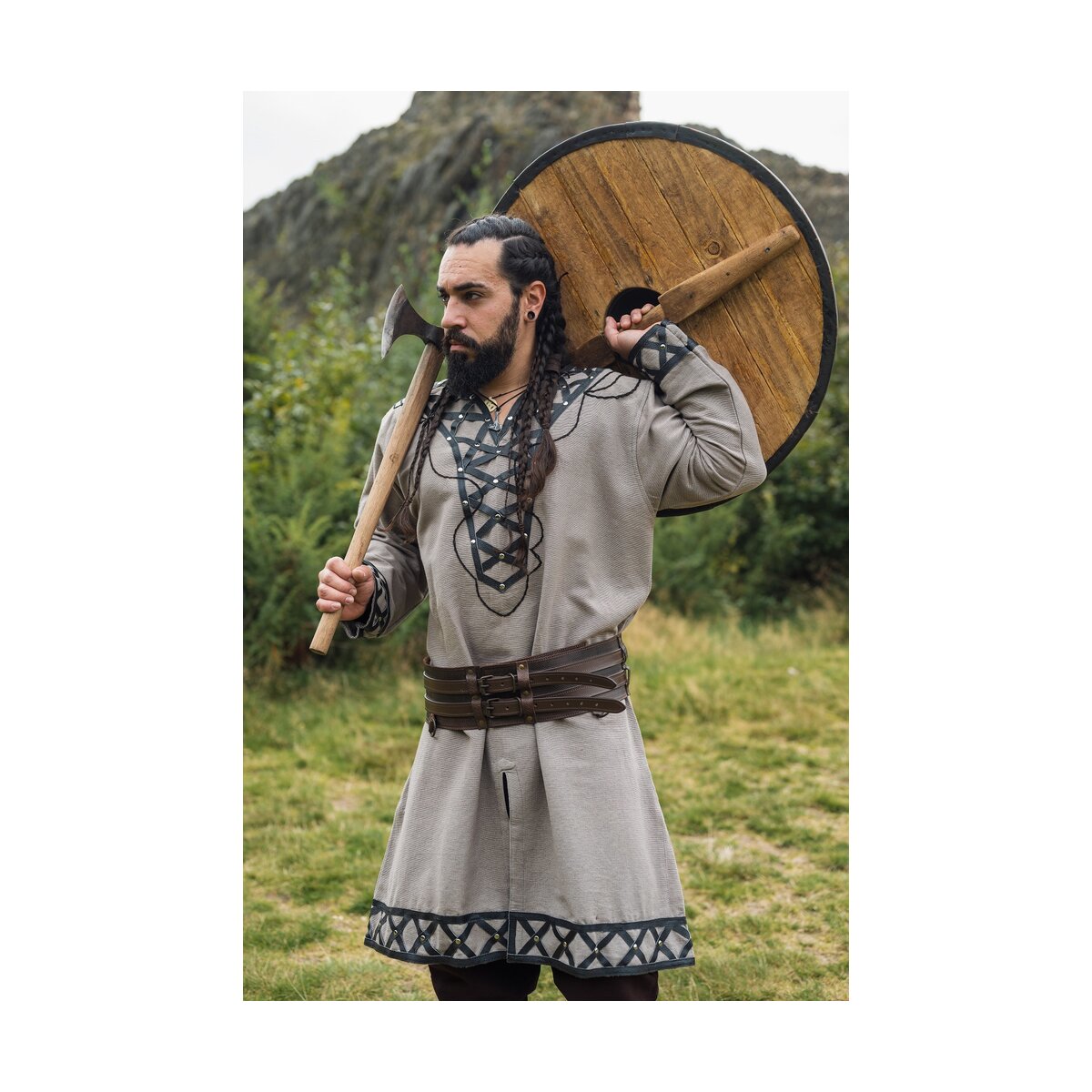 Viking tunic with genuine leather applications - sand