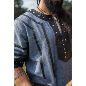 Tunique viking à manches courtes avec applications en cuir véritable - bleu gris