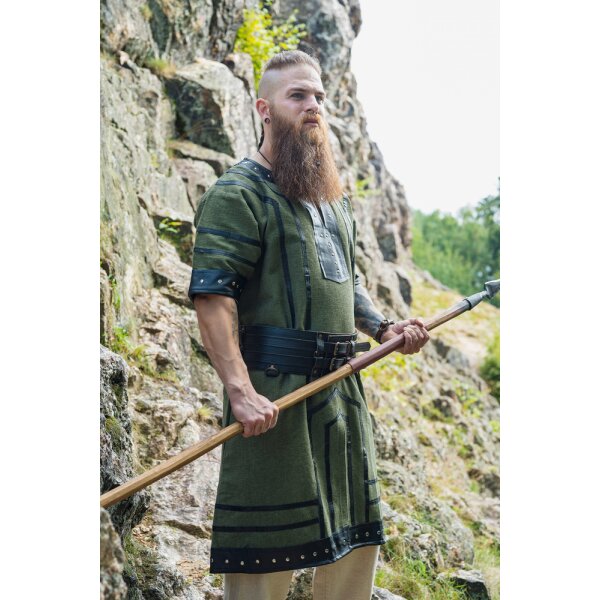 Tunique viking à manches courtes avec applications en cuir véritable - Vert