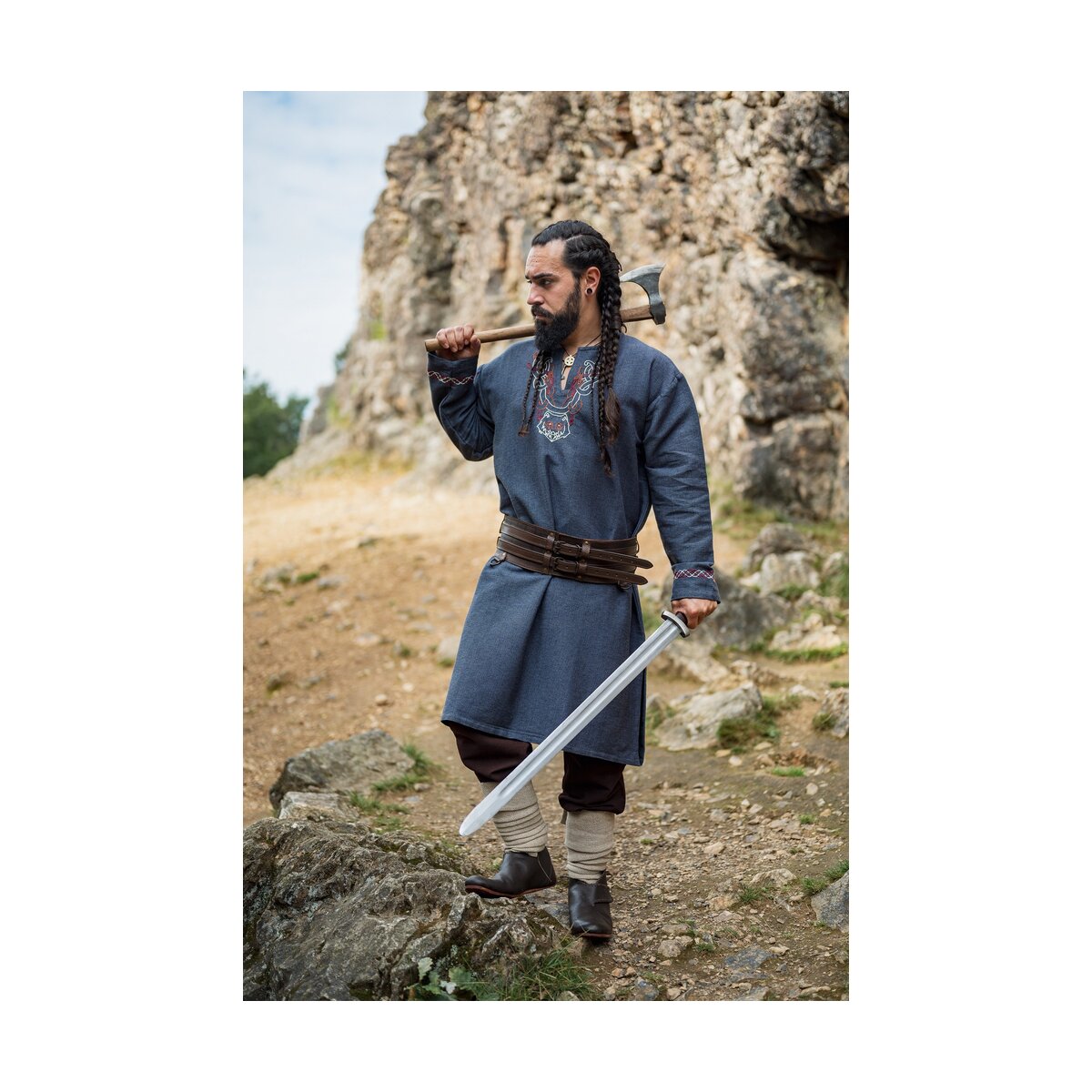 Tunique viking avec broderies - Bleu-gris