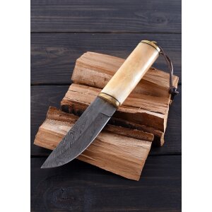 Couteau de pêche damasquiné avec manche en os et étui en cuir