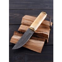 Couteau de pêche damasquiné avec manche en os et étui en cuir