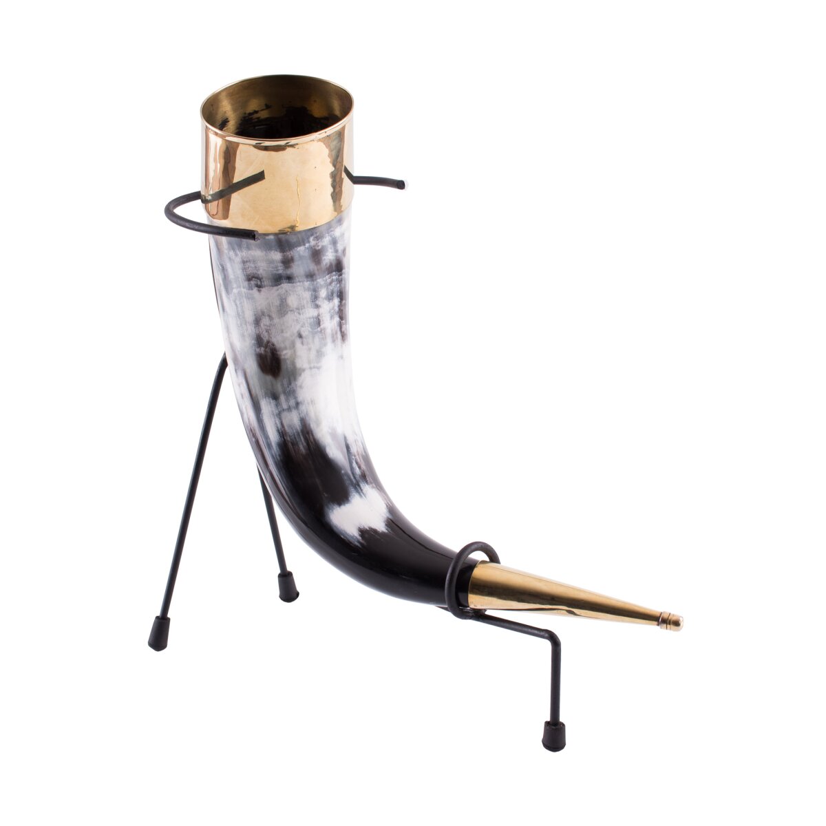 Drinking horn with brass details and stand