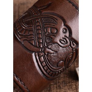 Gobelet cube en cuir marron, motif dragon en relief, style jelling