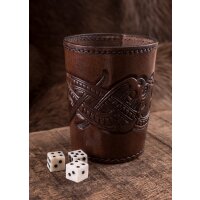 Gobelet cube en cuir marron, motif dragon en relief, style jelling