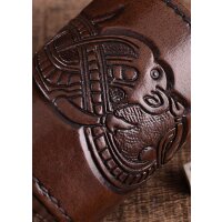 Gobelet cube en cuir marron, motif dragon en relief, style jelling