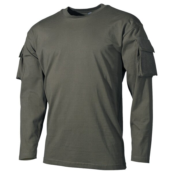 T-shirt outdoor à manches longues olive avec poches sur les manches