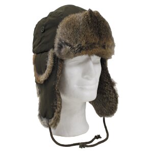 Fur Hat, OD green, brown real fur, quilted lining