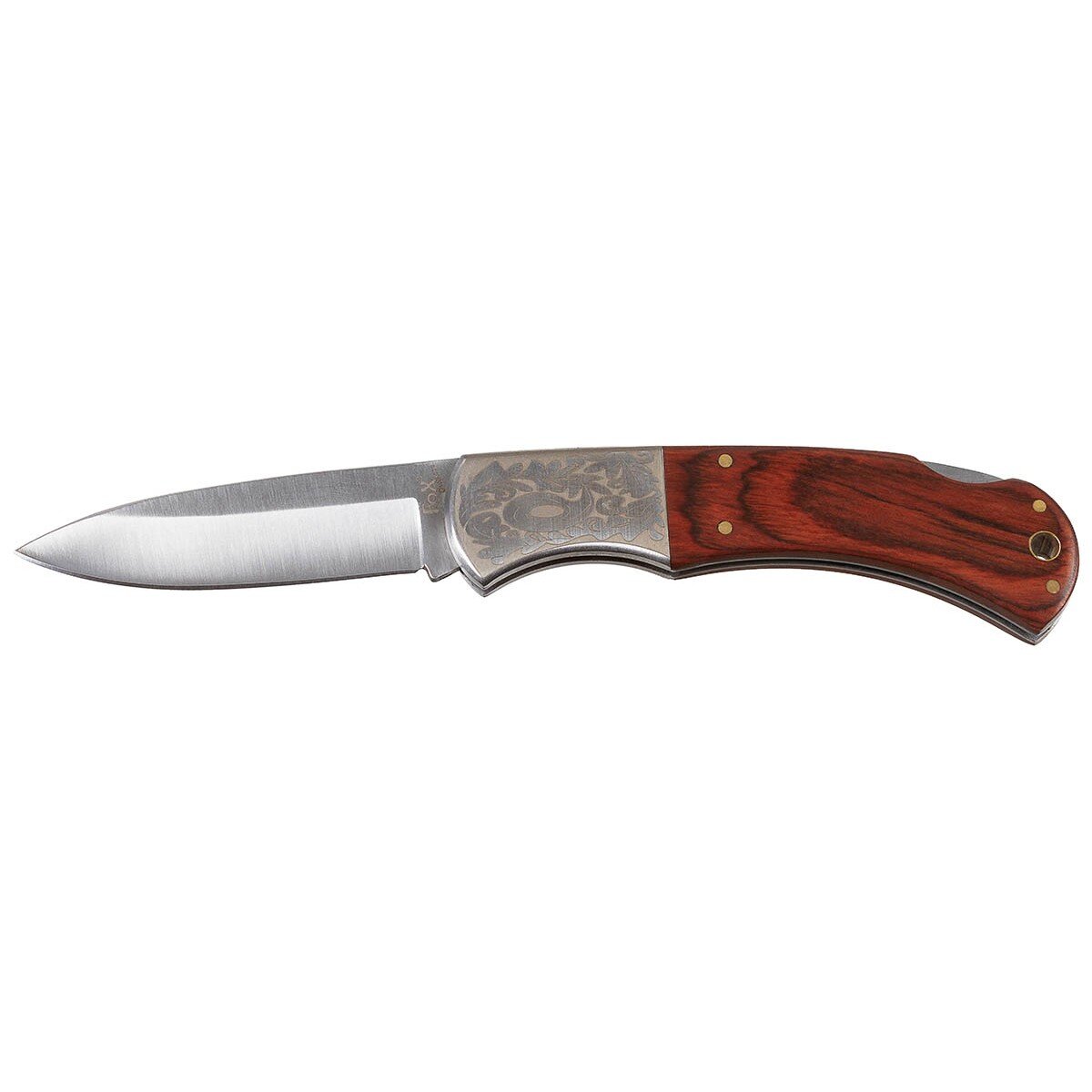 Coltello pieghevole, manico in legno, decorazione