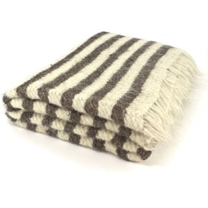 Grande couverture en laine tissée à la main blanc laine/gris rayé 210 x 220 cm