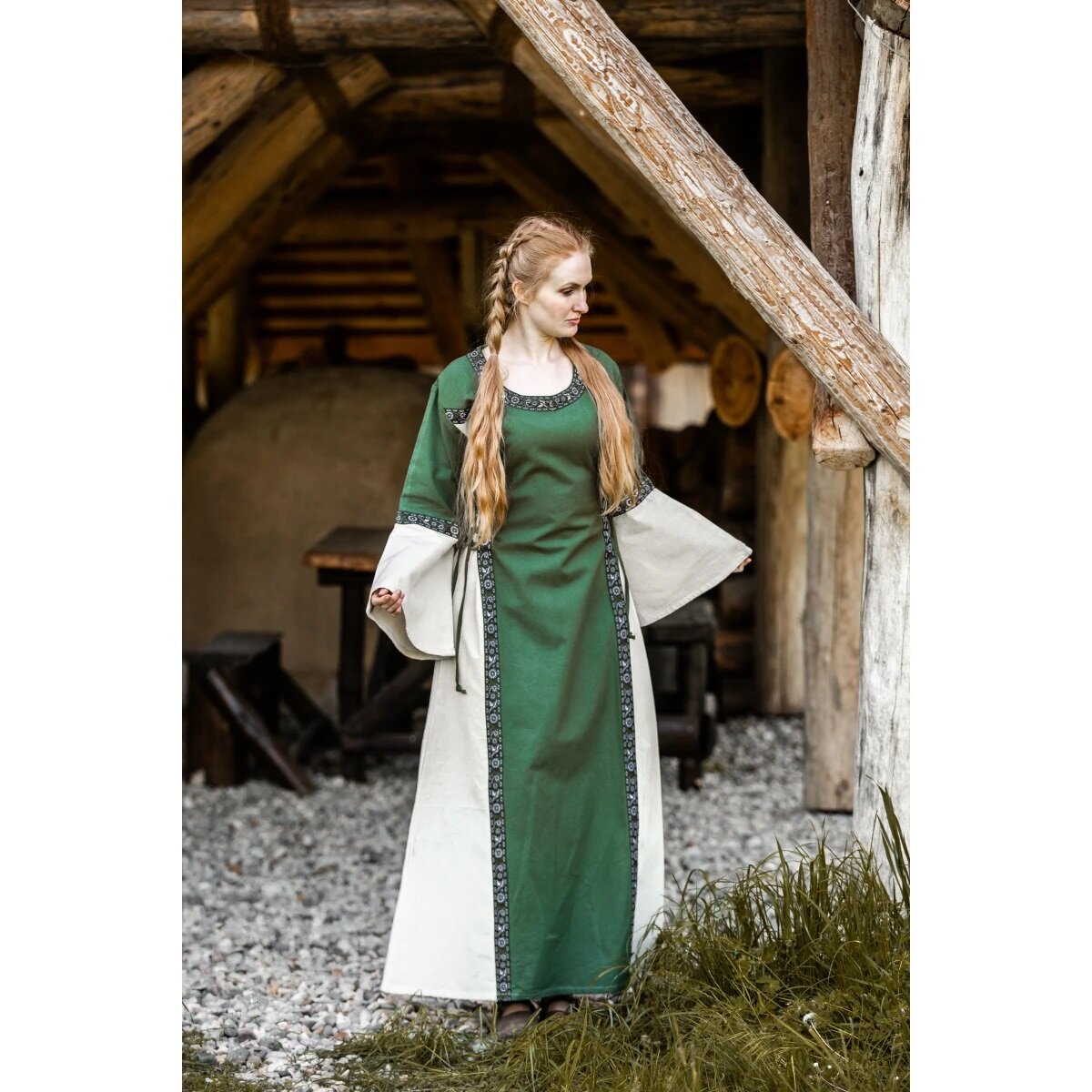 Medieval cotton dress Green/Natural "Angie"