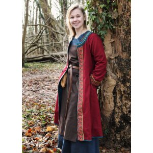 Manteau viking brodé, vin-rouge/pétrole "Ella"