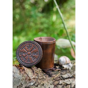 Gobelet à dés en cuir avec couvercle, embossage Vegvisir, marron