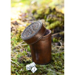 Gobelet à dés en cuir avec couvercle, embossage Vegvisir, marron