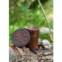 Gobelet à dés en cuir avec couvercle, embossage Vegvisir, marron