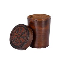 Gobelet à dés en cuir avec couvercle, embossage Vegvisir, marron