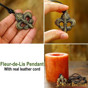 Pendentif Fleur De Lis avec cordon de cuir ajustable Laiton Antique