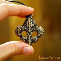 Pendentif Fleur De Lis avec cordon de cuir ajustable Laiton Antique