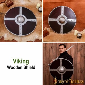 Bouclier viking en bois avec bosse en acier et ferrures