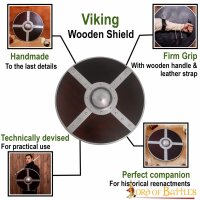 Bouclier viking en bois avec bosse en acier et ferrures