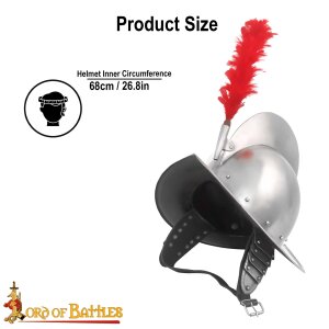 Casque Morion espagnol avec ornement en plumes rouges et doublure 16 Gauge (1,6 mm)