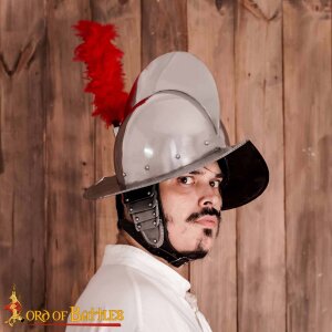 Casque Morion espagnol avec ornement en plumes rouges et doublure 16 Gauge (1,6 mm)