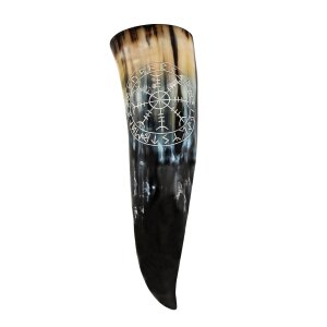 Genuine Drinking Horn with Hand-Carved Aegishjalmur /...