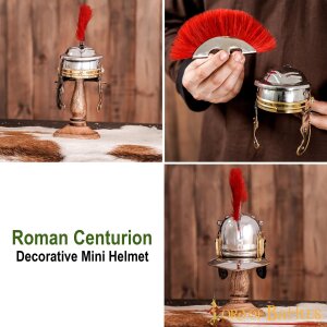 Mini-casque romain décoratif de centurion avec plumeau rouge et support en bois