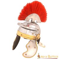 Mini-casque romain décoratif de centurion avec plumeau rouge et support en bois