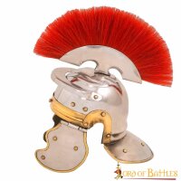 Mini-casque romain décoratif de centurion avec plumeau rouge et support en bois