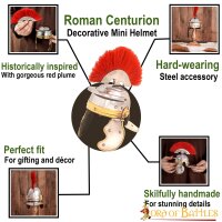 Mini-casque romain décoratif de centurion avec plumeau rouge et support en bois