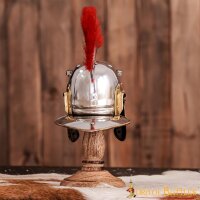 Mini-casque romain décoratif de centurion avec plumeau rouge et support en bois